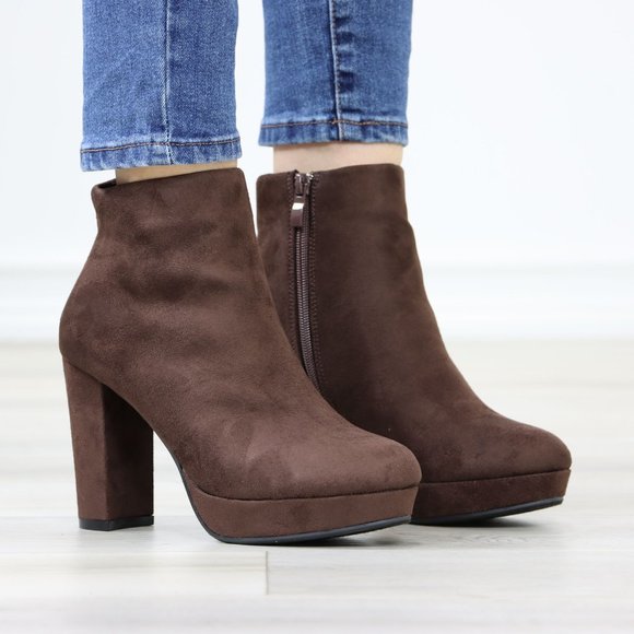 Brown Platform Suede Ankle Booties Block Heeled Boots - Picture 3 of 12